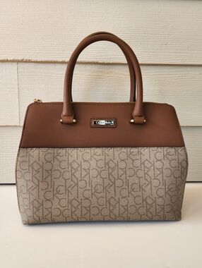Calvin Klein Signature Tan and Brown Satchel/Crossbody Handbag, Like New